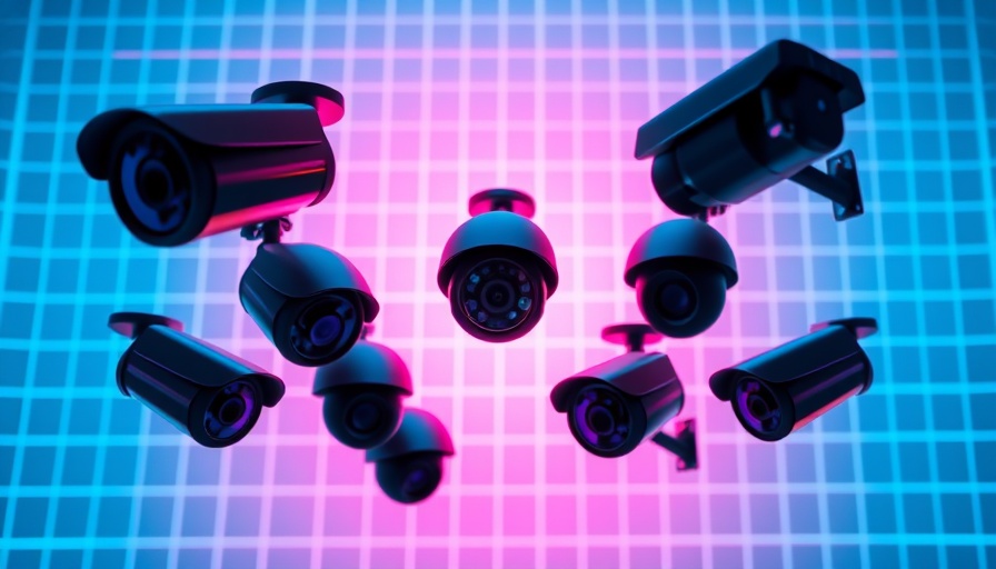 Futuristic black home security cameras on vibrant grid background.