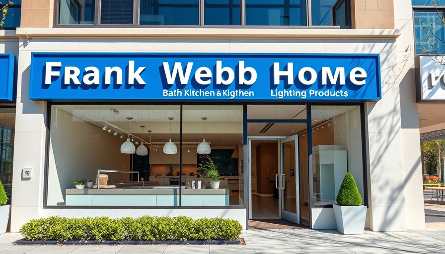 Modern storefront of home design store with blue signage.