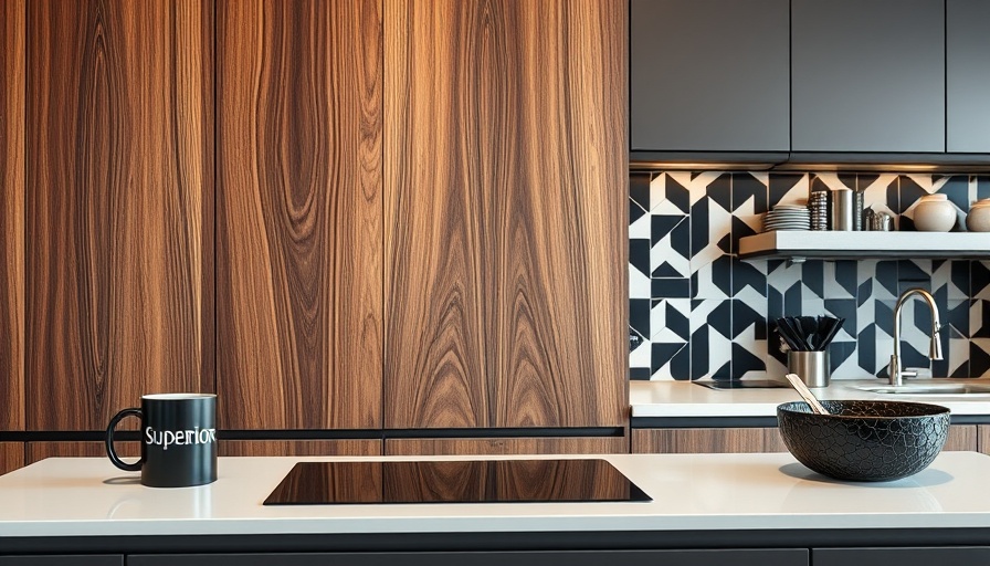 Luxury kitchen design with wood accents and geometric backsplash.