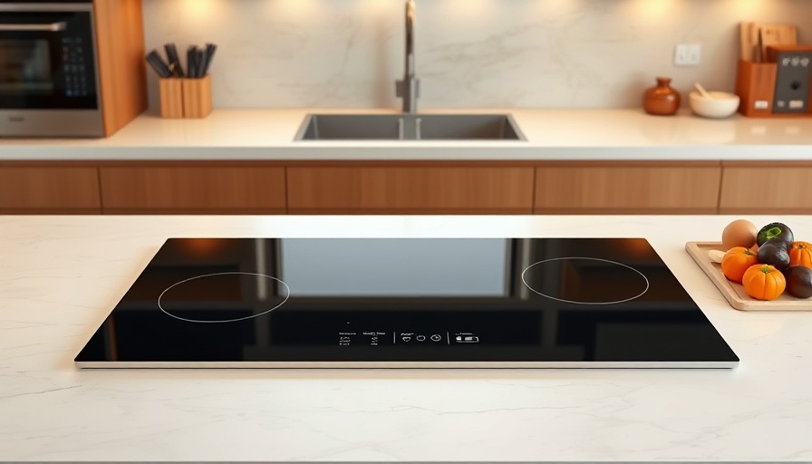 Sleek battery-integrated cooktop on stone countertop in modern kitchen.