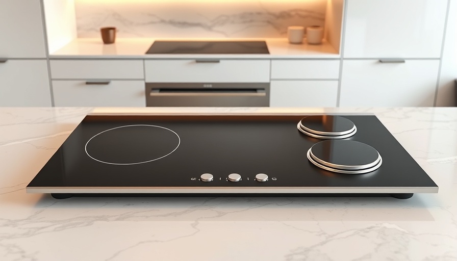 Sleek battery-integrated cooktop on marble island in luxury kitchen design.