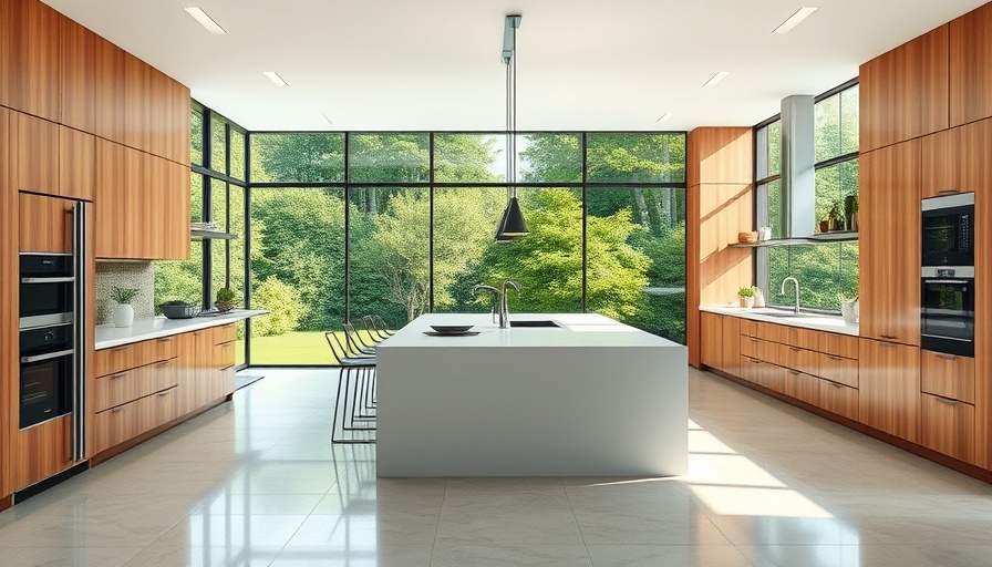 Spacious luxury kitchen design with large island and garden view.