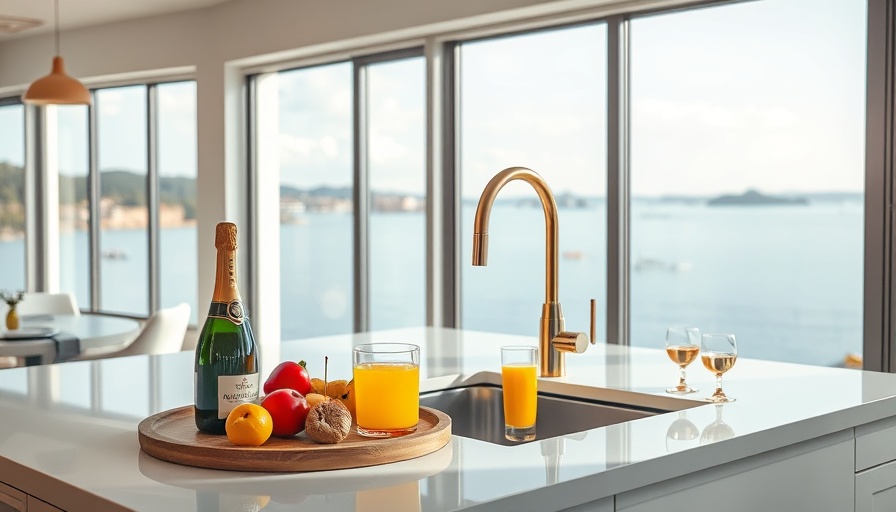 Elegant brass faucets in modern kitchen overlooking bay