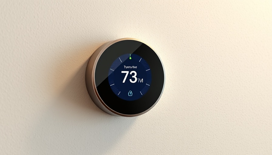 Smart thermostat showing temperature, mounted on wall.