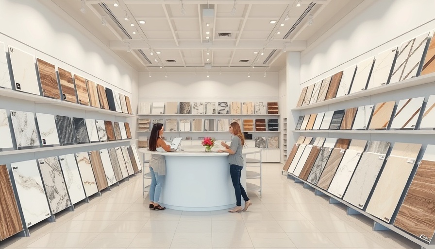 Modern showroom interior showcasing tile samples, Emser Rewards for Contractors.