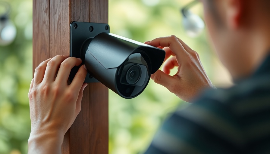 Close-up of a person adjusting a home security camera on a pillar.