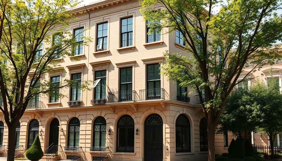 Classic urban townhouse with elegant design on tree-lined street.