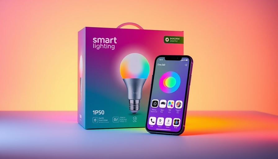 Colorful smart lighting package with smartphone app display.
