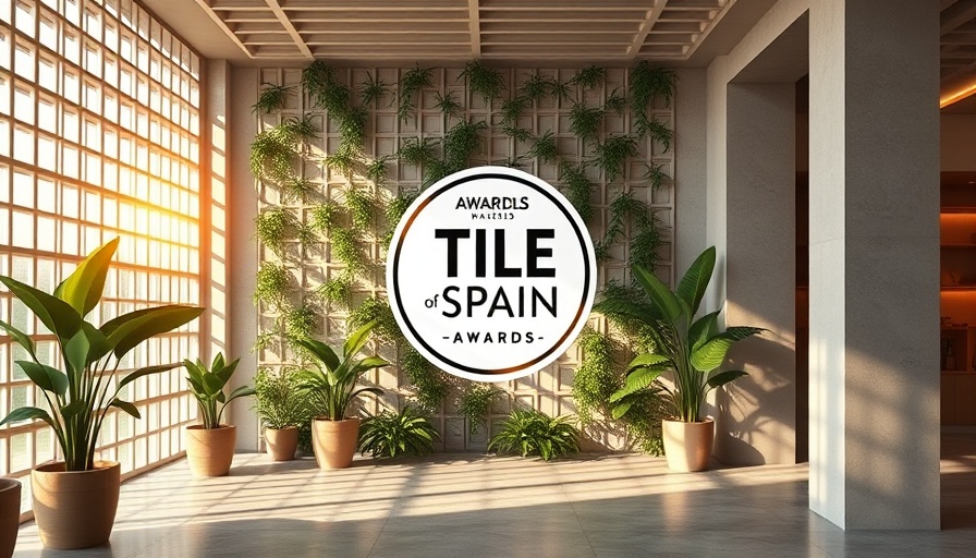 2025 Tile of Spain Awards announcement on lattice wall.