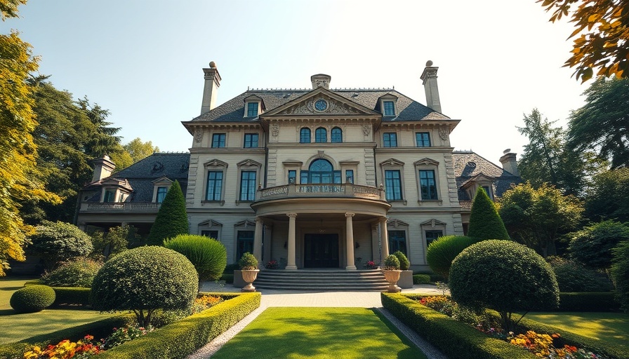 Luxury mansion exterior with elegant design and gardens.