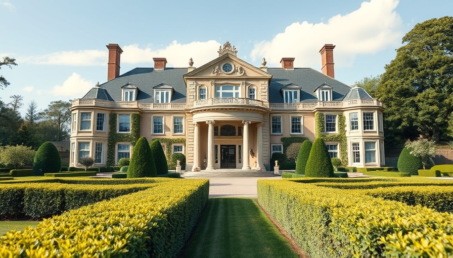 Luxury mansion exterior with manicured gardens.