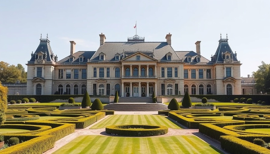 Large elegant estate with manicured garden, showcasing luxury architectural style.