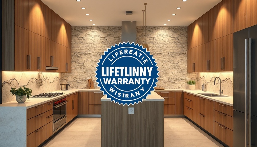 Luxury kitchen design with lifetime warranty badge, bright interior.