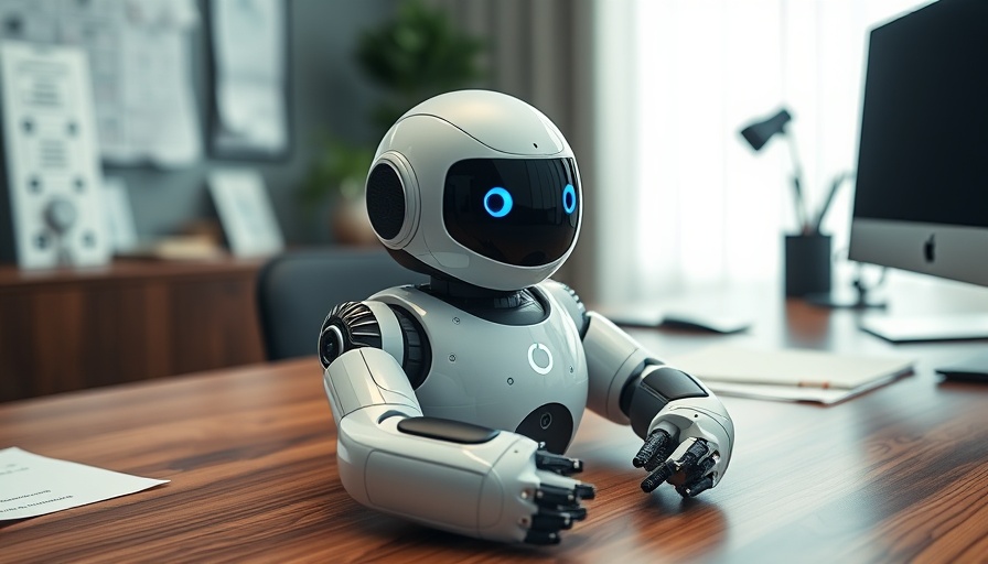Compact home security robot on desk in modern office environment.