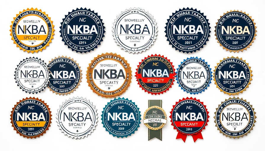 Assorted NKBA specialty badges for kitchen design displayed.