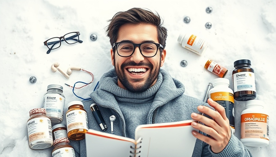 Man with treatments for visual snow syndrome, surrounded by glasses, supplements.