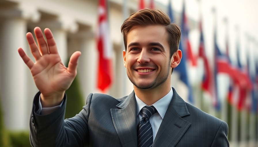 Confident leader gestures at an announcement event.