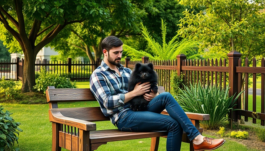 Man with black Pomeranian enjoying outdoor garden setting.