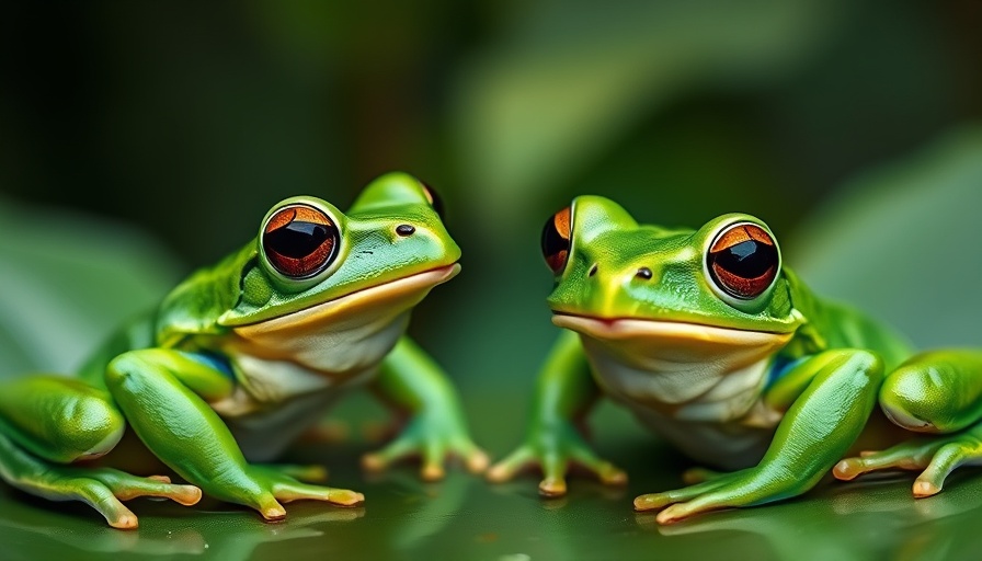 Two green frogs resting on a leaf, serene and detailed.