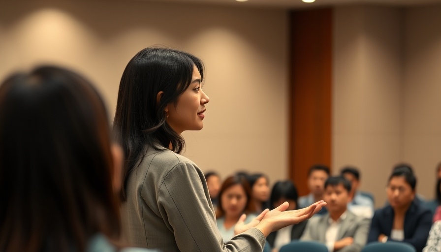 Woman presenting on transitioning to real estate investing, engaging audience.
