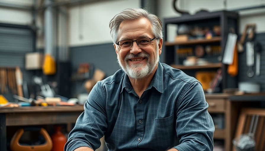 Middle-aged man in workshop with '118k' text, roofing company growth.