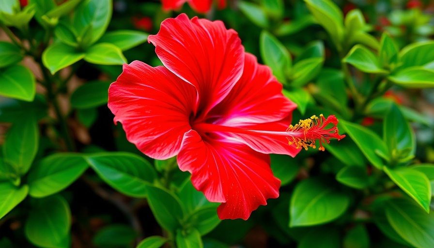 Vivid red hibiscus flower in a garden setting, illustrating Hawaiian heritage.