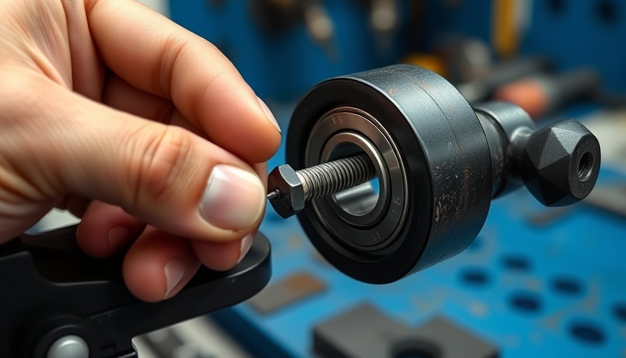 Hand assembling a screw into a ball bearing with vise in workshop