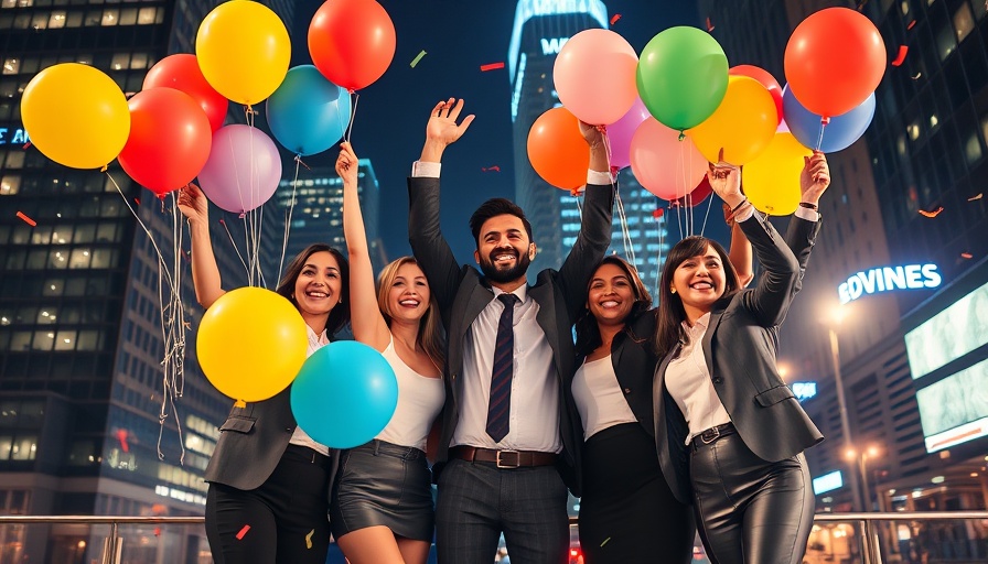 Joyful business team celebrating with balloons; AI-driven investment strategies success.
