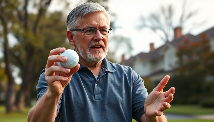Middle-aged man demonstrates with golf ball outdoors, high-tech toilets.