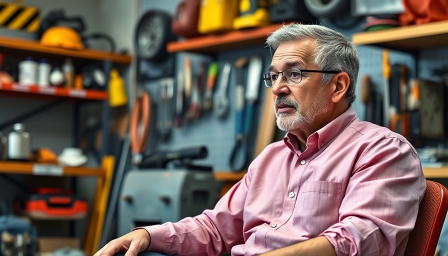 Middle-aged man discussing in workshop, roofing theme.