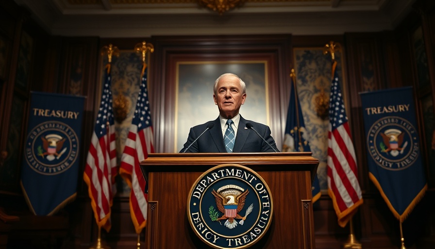 Man at podium with U.S. flags discussing trade policies.