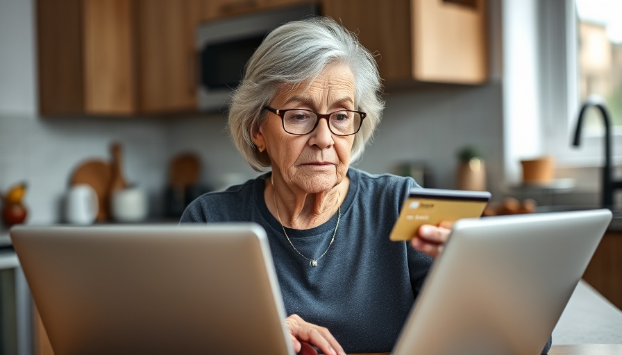 Elderly woman concerned about potential elder scams while online.