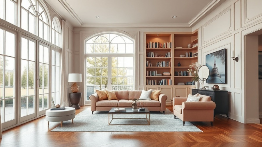 2026 home trends: elegant living room with pink sofa and bookshelves.