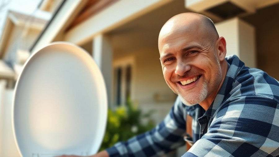 Bald man repairing toilet outdoors for home improvement.