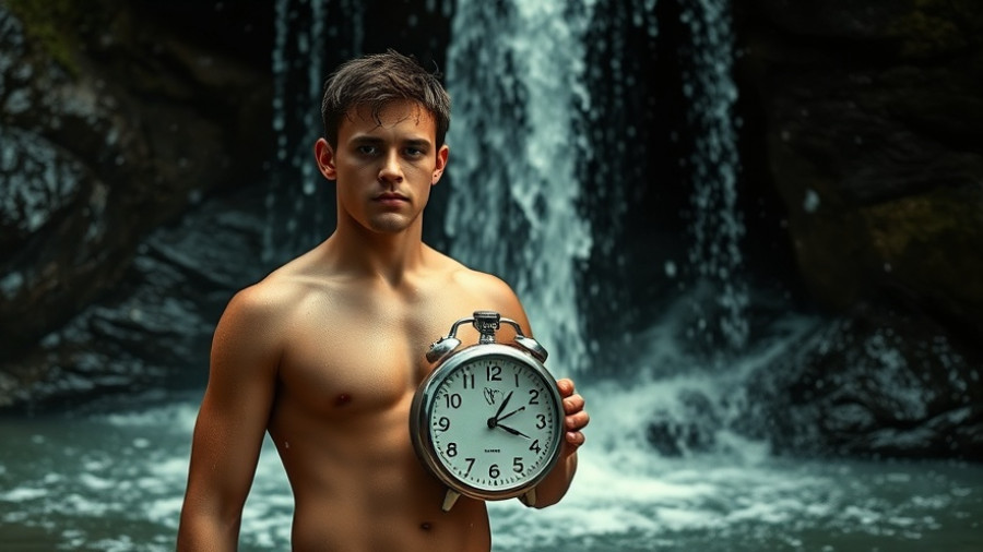 Young man with clock under waterfall representing spending money to save time.