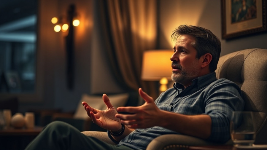 Man discussing roofing passionately in a chair indoors.