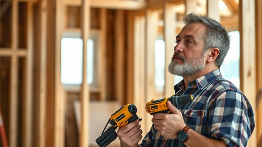 Man deciding between power tools; home improvement tip.