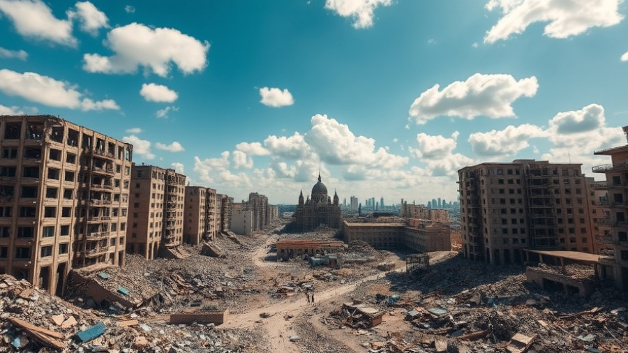 Hamas breach ceasefire: destroyed cityscape with rubble and ruins.