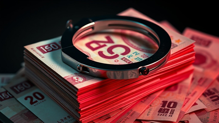 Handcuffs on Chinese yuan notes symbolizing money laundering in Hong Kong.