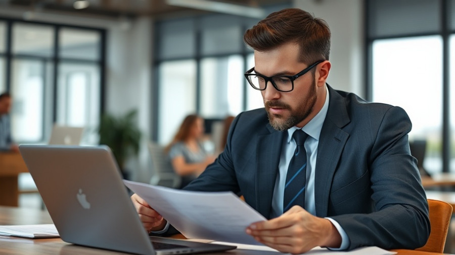 Professional businessman reviewing financial documents in a modern office.
