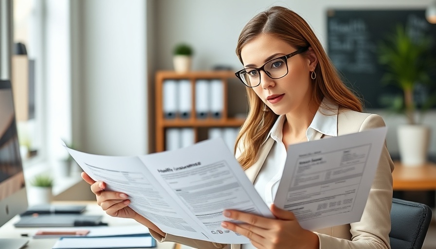 Proving health insurance coverage with focused businesswoman reviewing documents.