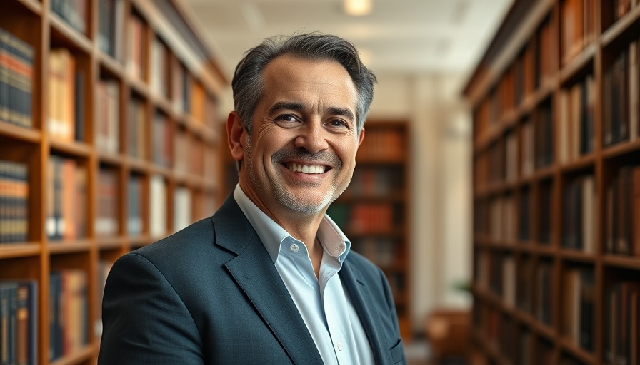 Confident mature man in a suit smiling in a library setting
