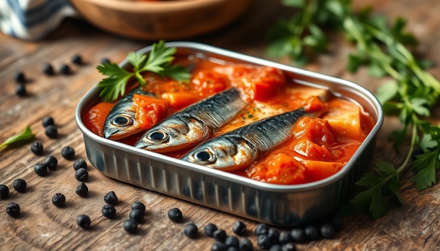 Sardines in tomato sauce with herbs and peppercorns on table.