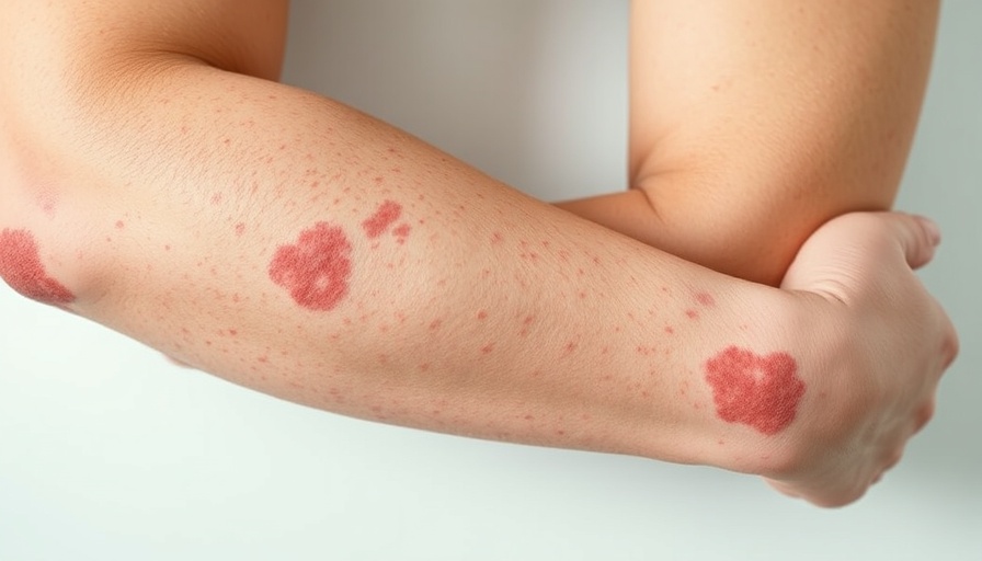 Close-up of elbows with psoriasis patches, skin condition.