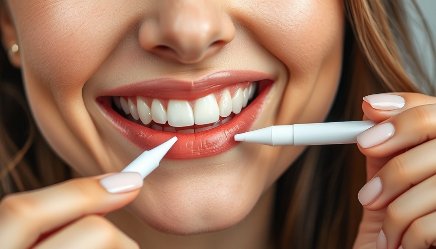 Woman applying teeth whitening pen with Calcium Cyclotriphosphate.