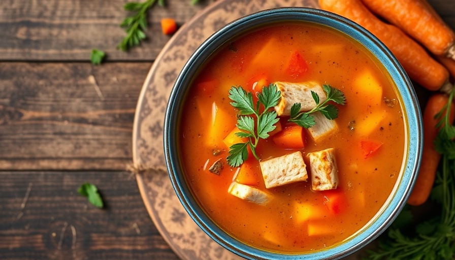 Easy turkey soup in blue bowl on wooden table with carrots.
