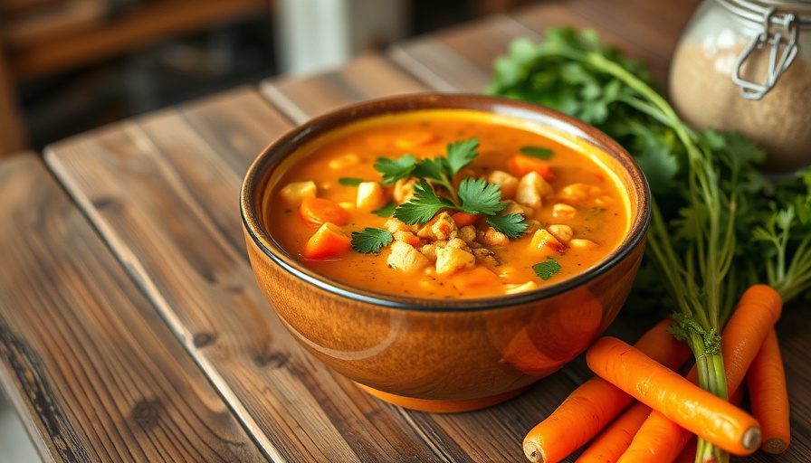 Easy Tempeh Vegetable Soup in a bowl with fresh vegetables.