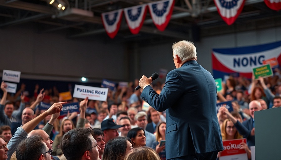 Political rally with speaker and audience holding signs.