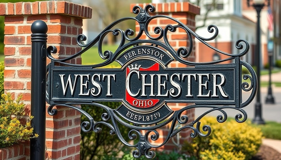 West Chester Ohio sign with iron and brick design.