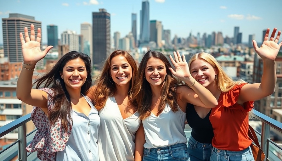 Joyful women on rooftop showcasing party beauty tips spring 2024.